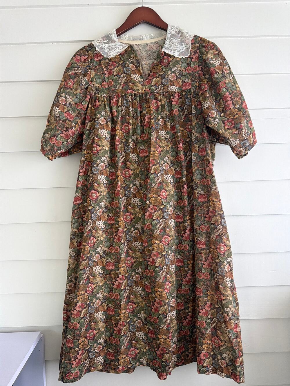 Boho Floral Prairie Cottagecore Dress Lace Collar Puff Sleeve Doen Style Midi